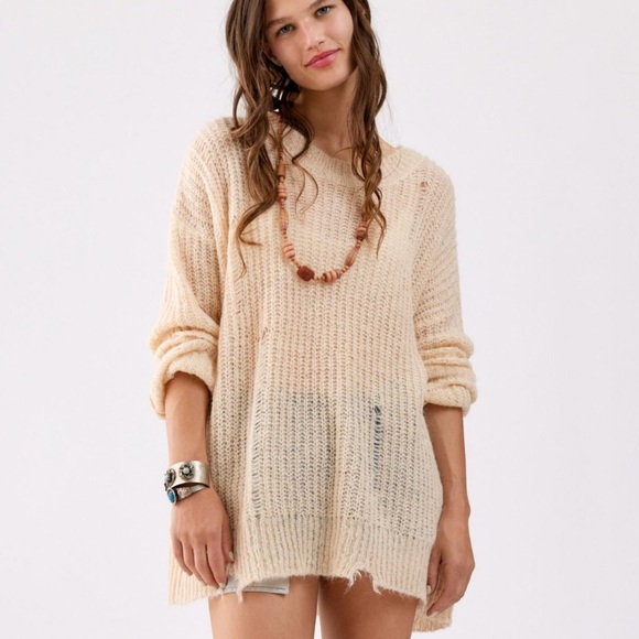 Urban Outfitters Alston Distressed Pullover Sweater Cream Sz Sm (New W‎ Tag) - Picture 1 of 8